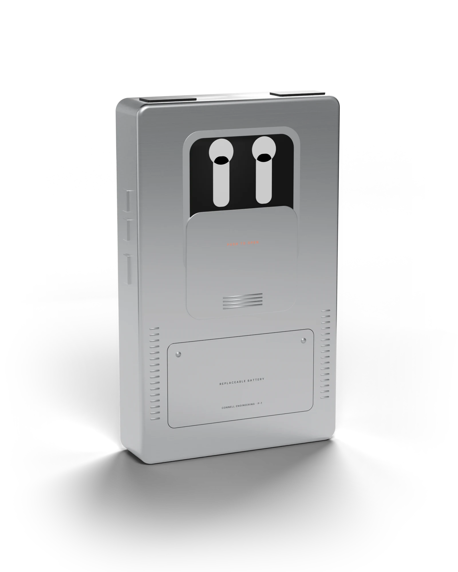 The back of the P-1 with the dock cover slid open and two white earbuds resting in their cradles.