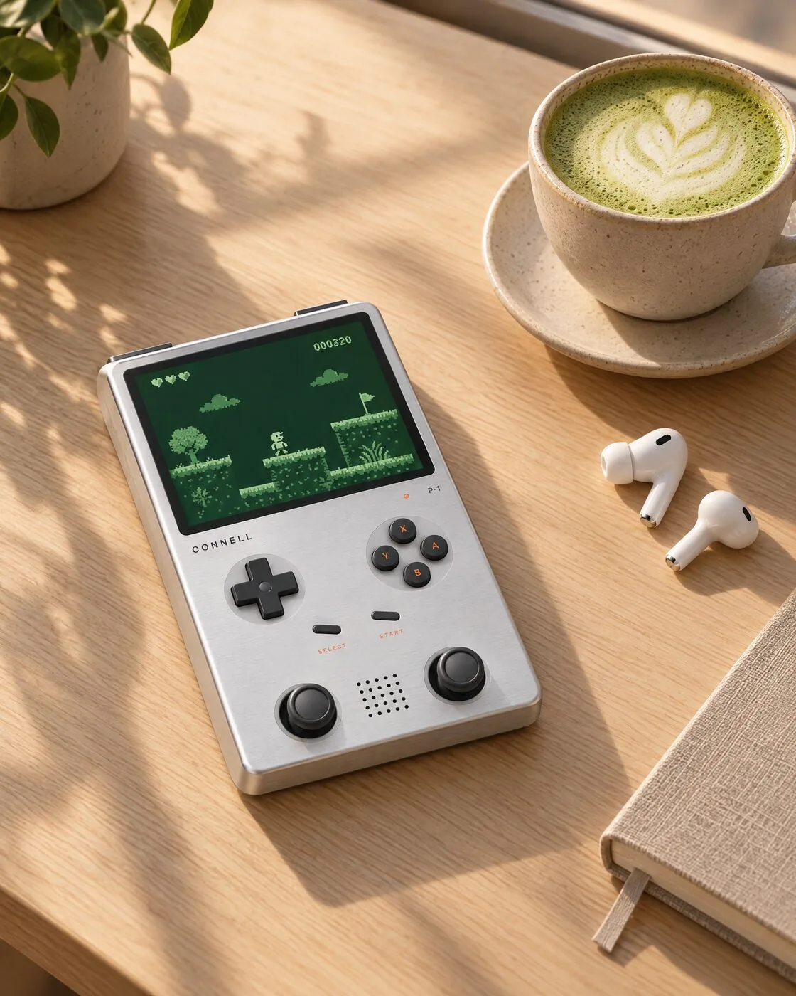 The P-1 on an oak desk next to a matcha latte, earbuds and a notebook, in late afternoon sun.