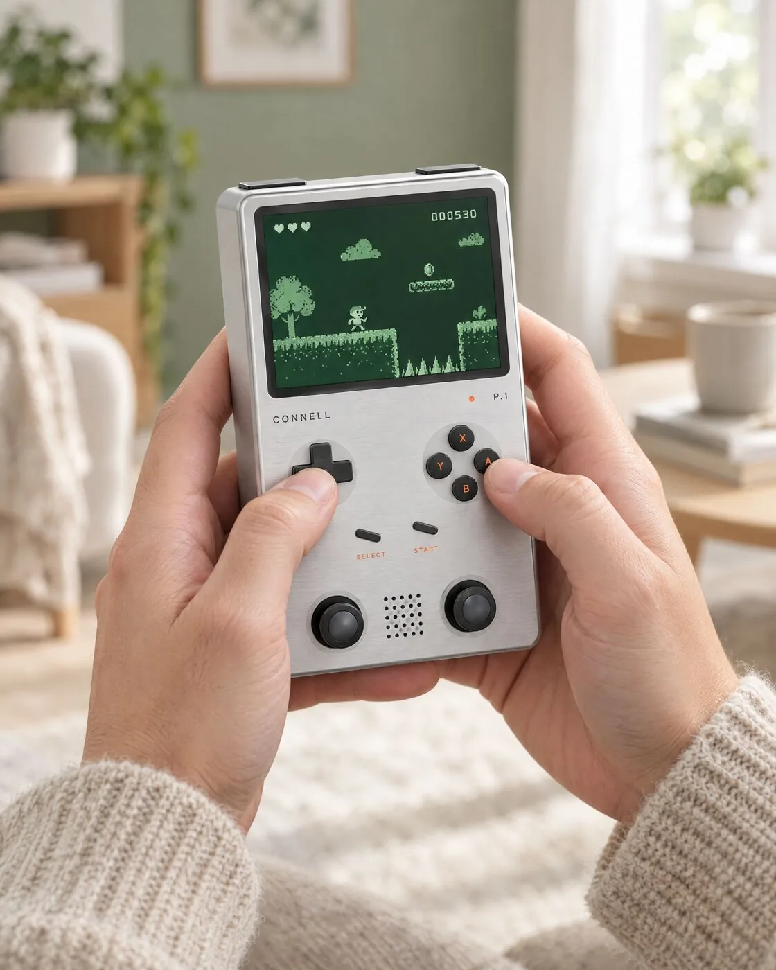 Two hands holding the P-1, thumbs on the d-pad and buttons, a pixel platform game on screen.