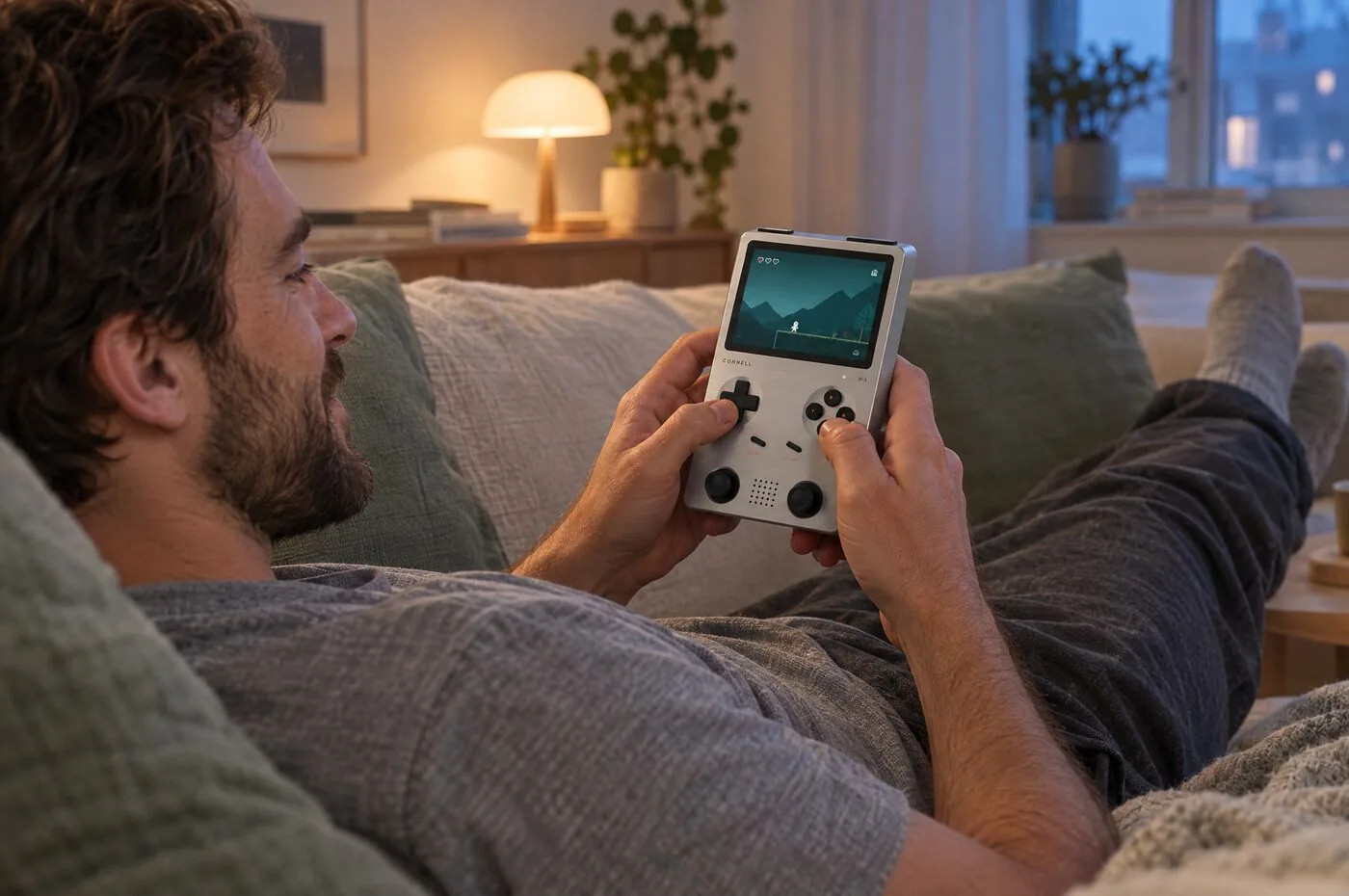 A man lies back on a sofa in the evening, playing the P-1.